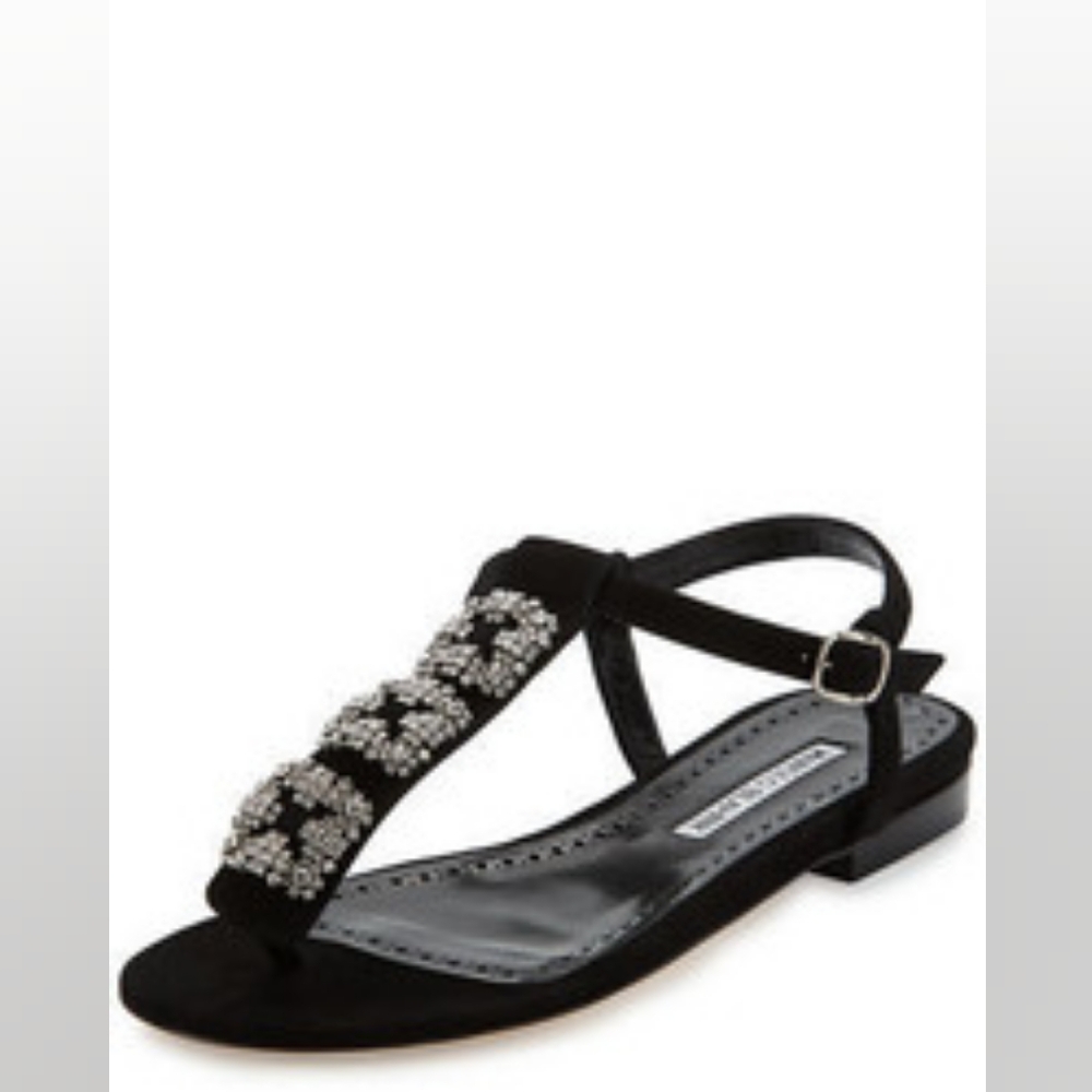 Manolo Blahnik Black Suede Crystal T-Strap Sandals Size 41 - Picture 1 of 8